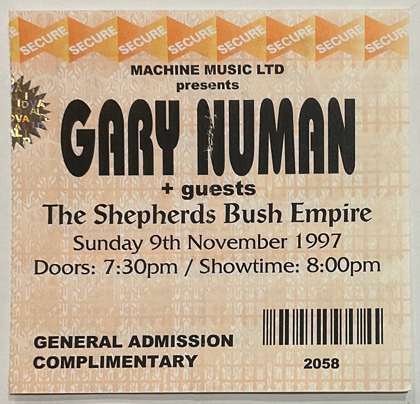 Gary Numan Original Used Concert Ticket Shepherds Bush Empire London 9th Nov 1997