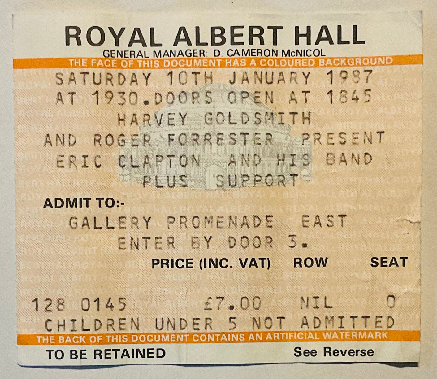 Eric Clapton Original Used Ticket Royal Albert Hall London 10th Jan 1987