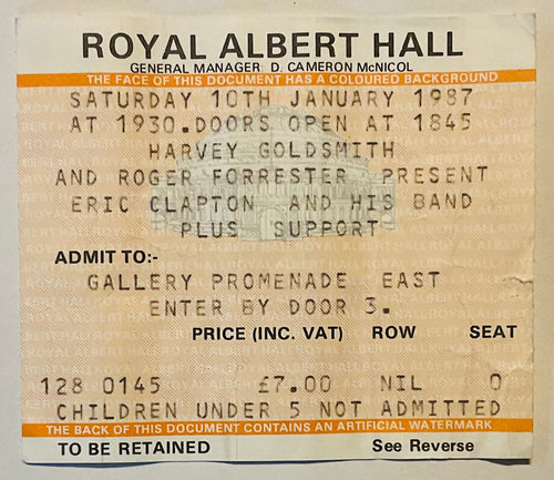 Eric Clapton Original Used Ticket Royal Albert Hall London 10th Jan 1987