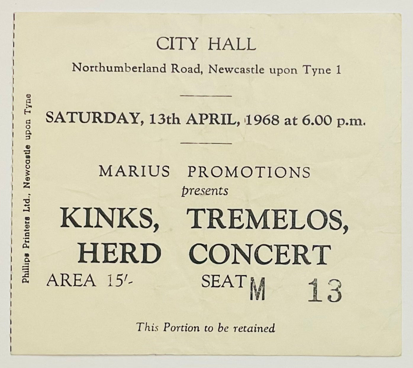 Kinks Original Used Concert Ticket City Hall Newcastle 13th Apr 1968