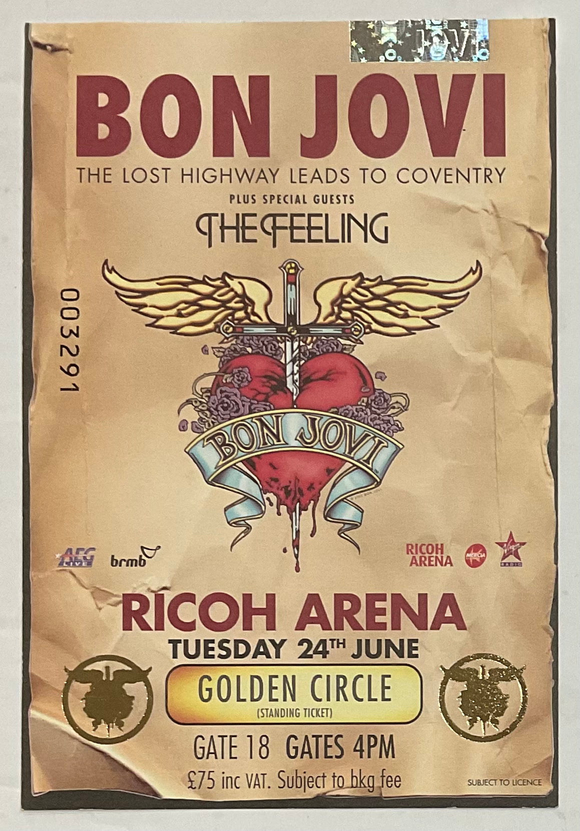 Bon Jovi Original Used Concert Ticket Ricoh Arena Coventry 24th June 2008