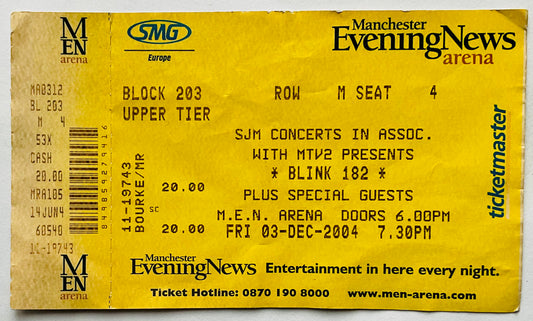 Blink 182 Original Unused Concert Ticket MEN Arena Manchester 3rd Dec 2004