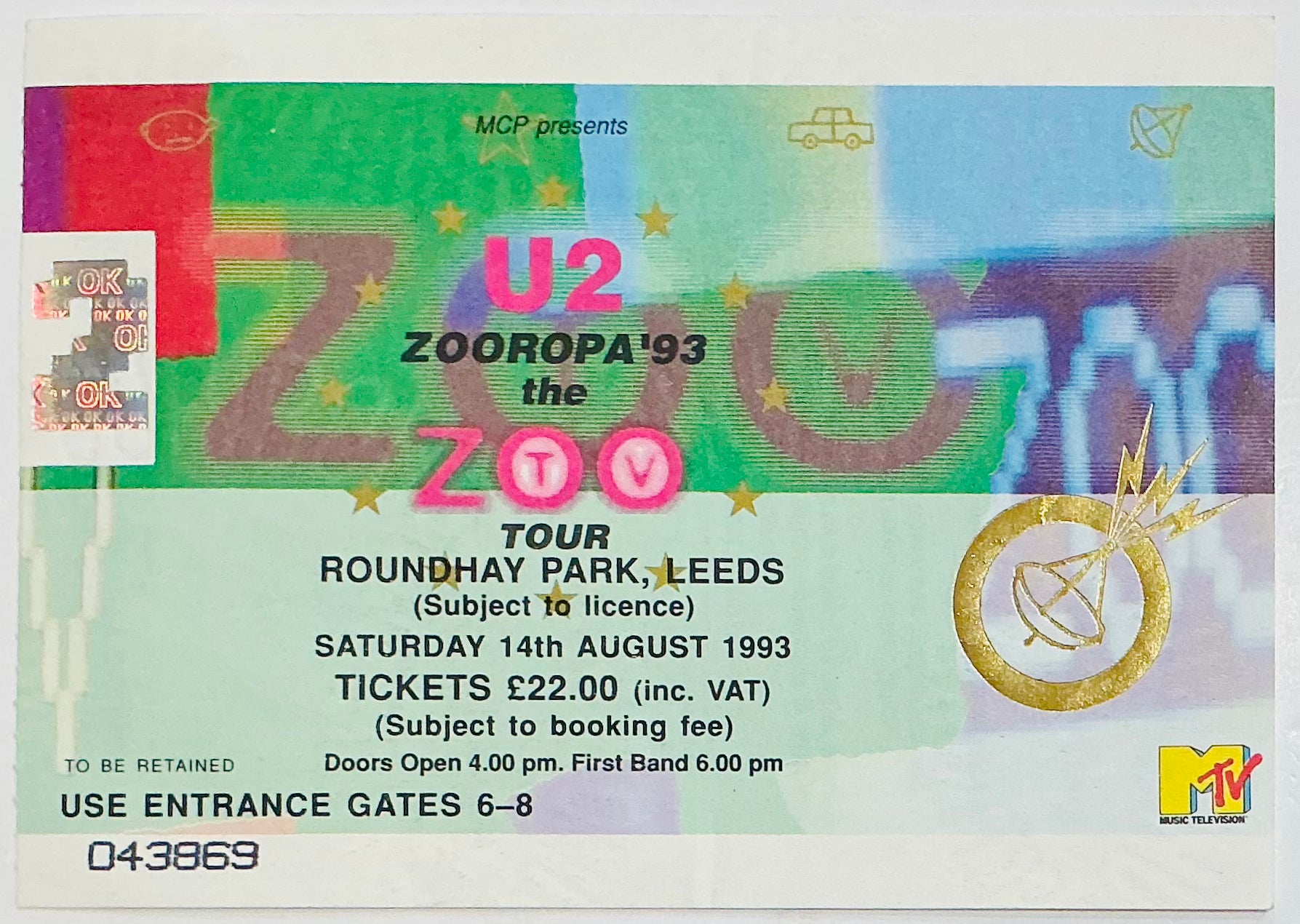 U2 Original Used Concert Ticket Roundhay Park Leeds 14th August 1993
