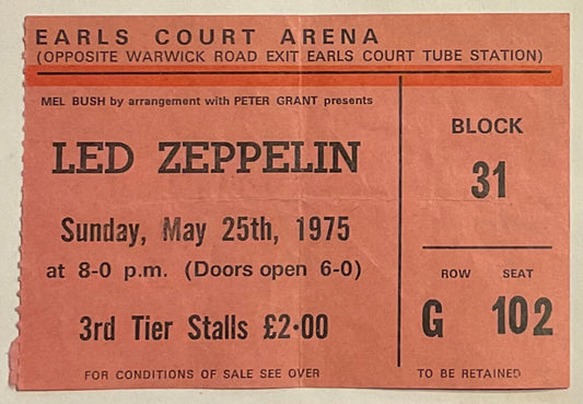 Led Zeppelin Original Used Concert Ticket Earls Court Arena London 25th May 1975