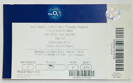 Fleetwood Mac Original Unused Concert Ticket O2 Arena London 22nd Jun 2015