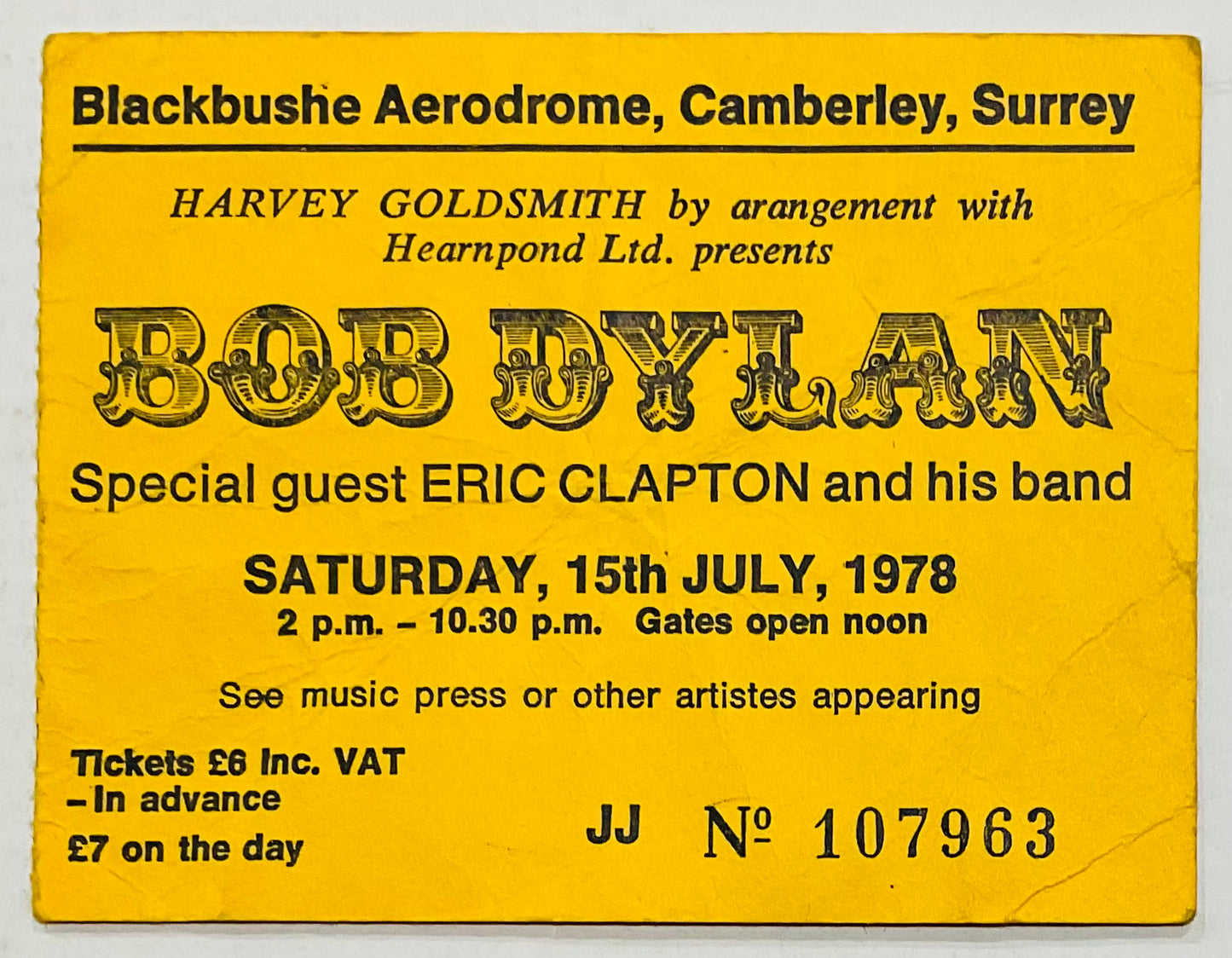 Bob Dylan Eric Clapton Original Used Concert Ticket Blackbushe Aerodrome Camberley 15th July 1978