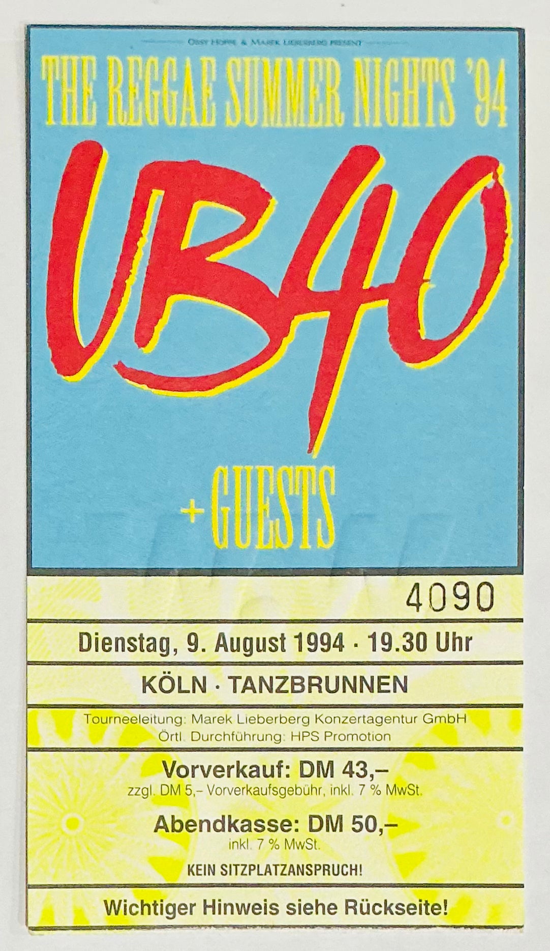 UB40 Original Used Concert Ticket Tanzbrunnen Colgne 9th Aug 1994