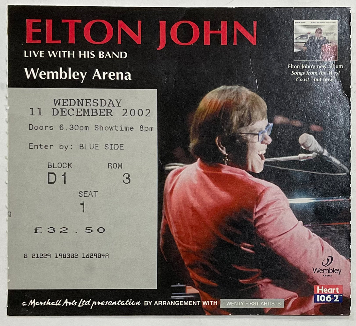 Elton John Original Used Concert Ticket Wembley Arena London 11th Dec 2002