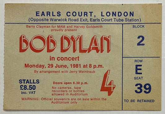 Bob Dylan Original Used Concert Ticket Earls Court London 29th June 1981