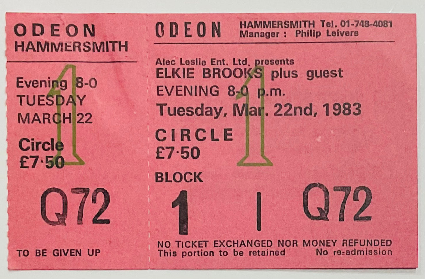 Elkie Brooks Original Unused Concert Ticket Hammersmith Odeon London 22nd May 1983