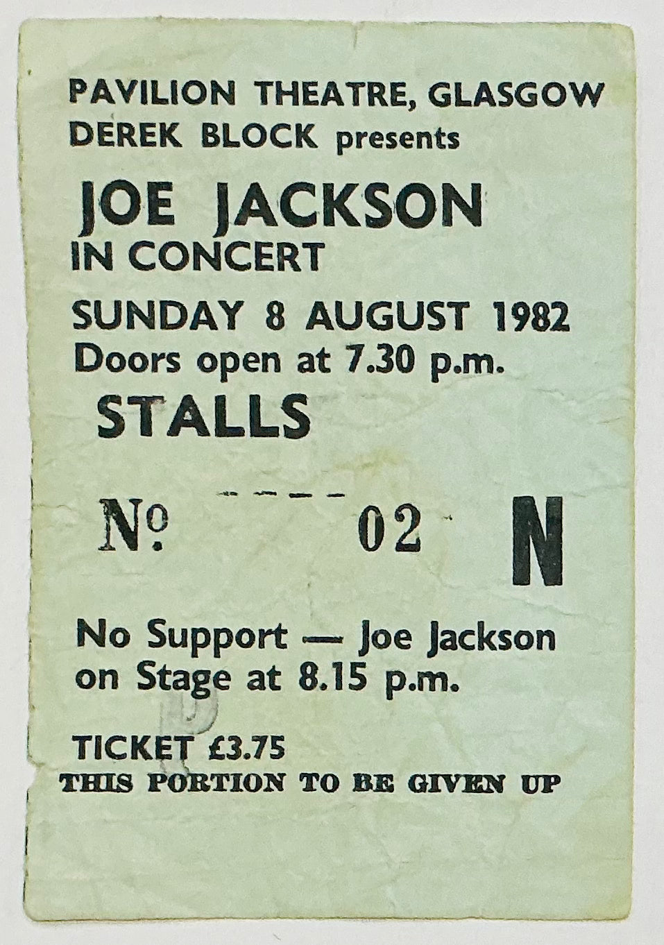 Joe Jackson Original Used Concert Ticket Pavilion Theatre Glasgow 8th Aug 1982