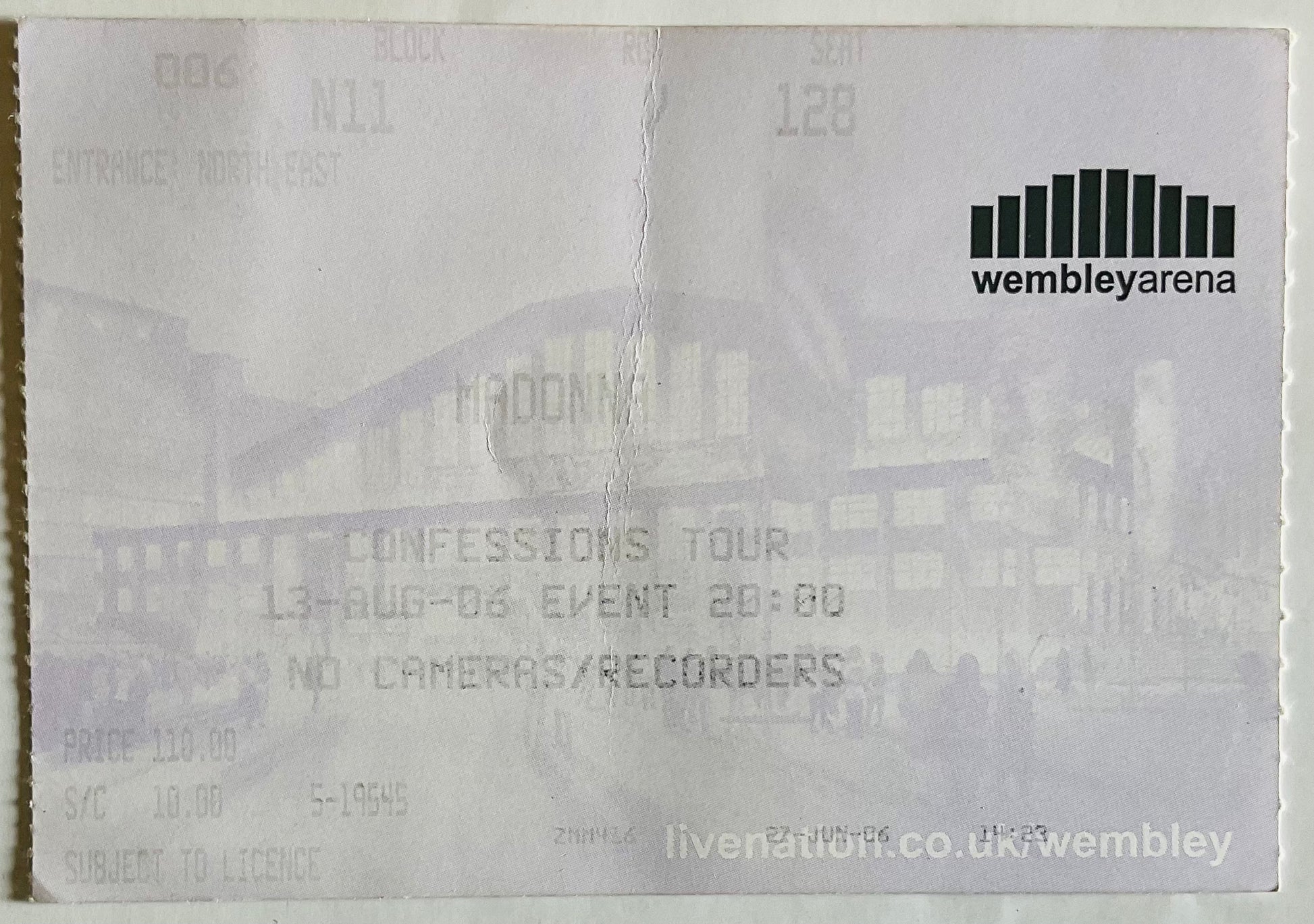 Madonna Original Used Concert Ticket Wembley Arena London 13th Aug 2006