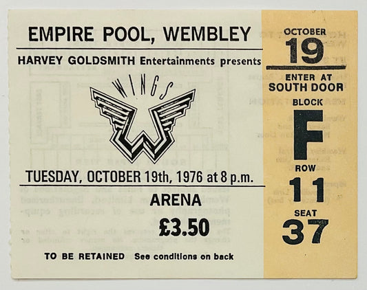 Beatles Paul McCartney Wings Original Used Concert Ticket Empire Pool Wembley London 19th Oct 1976