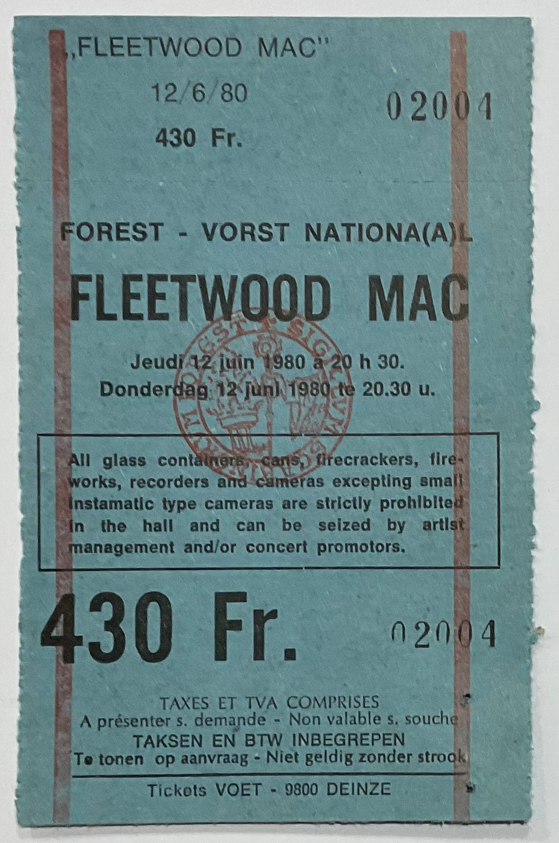 Fleetwood MAC Original Unused Concert Ticket Forest Vorst National Brussels 12th Jun 1980