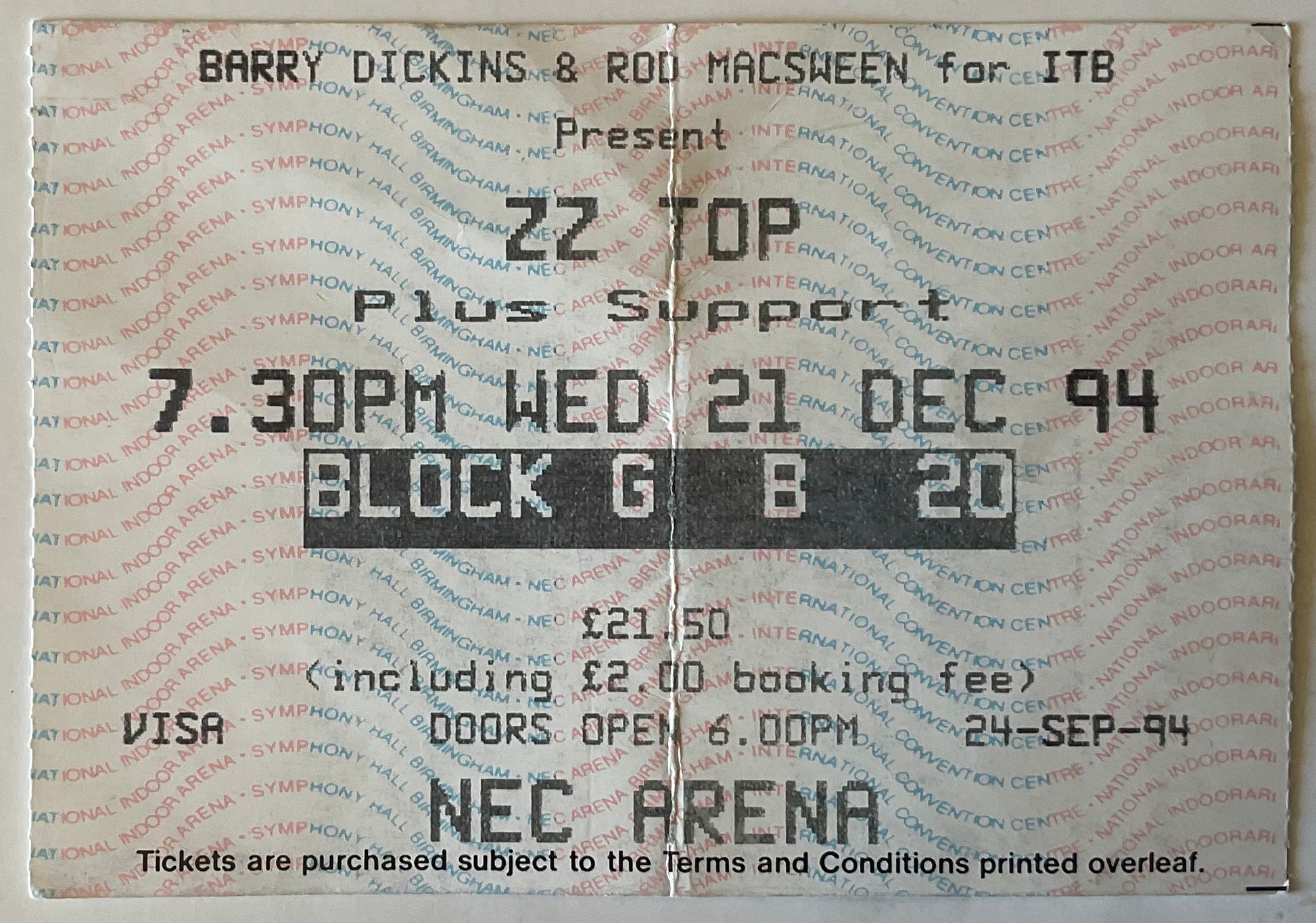 ZZ Top Original Used Concert Ticket NEC Arena Birmingham 21st Dec 1994
