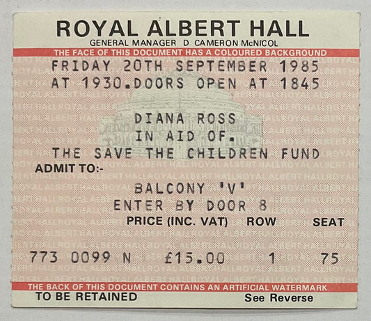 Diana Ross Original Used Concert Ticket Royal Albert Hall London 20th Sept 1985