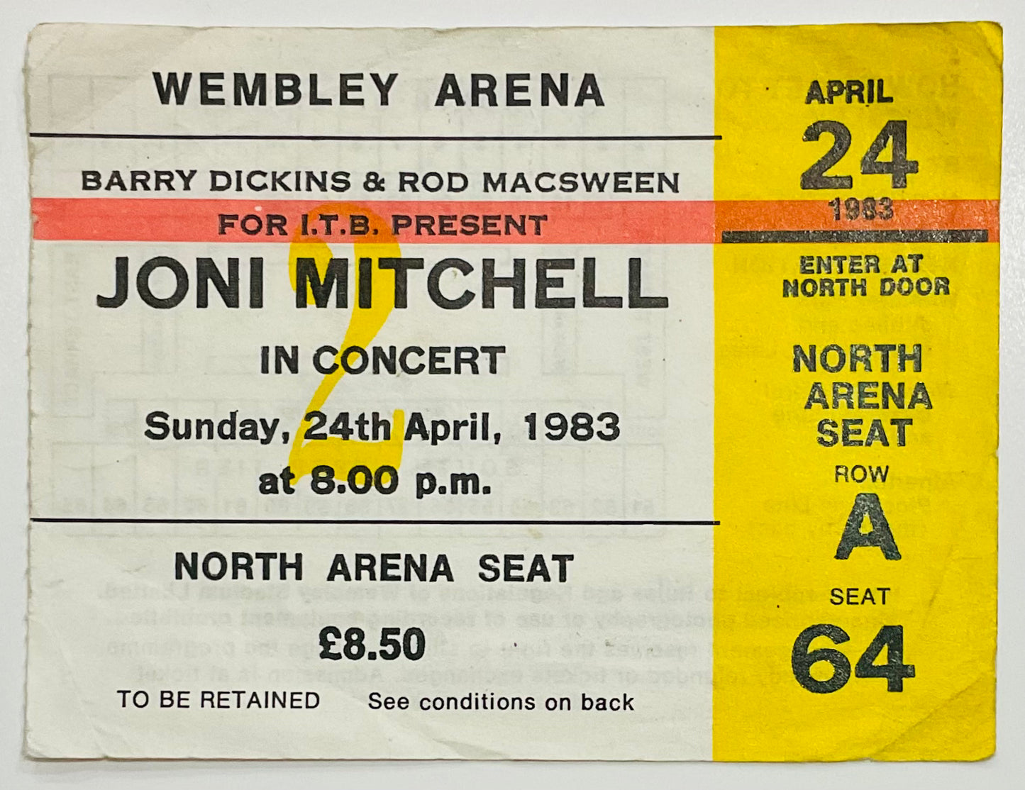 Joni Mitchell Original Used Concert Ticket Wembley Arena London 24th Apr 1983