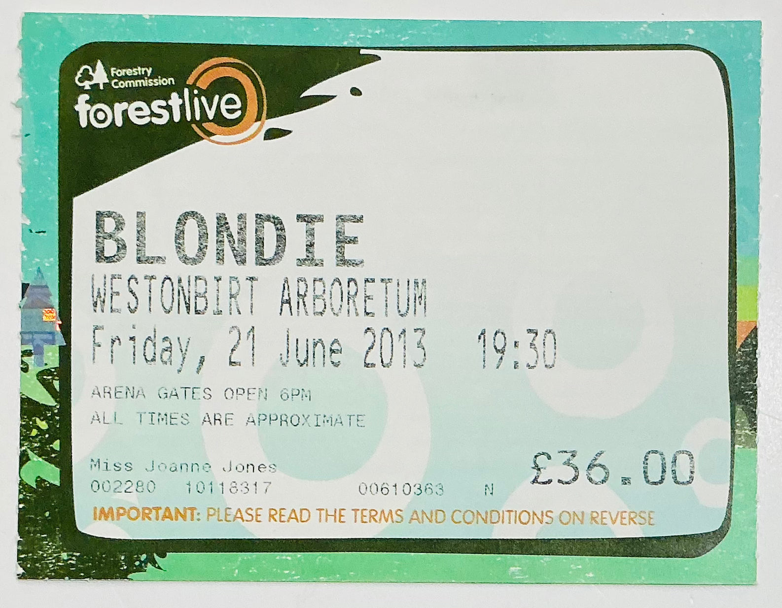 Blondie Original Used Concert Ticket Westonbirt Arboretum 21st Jun 2013