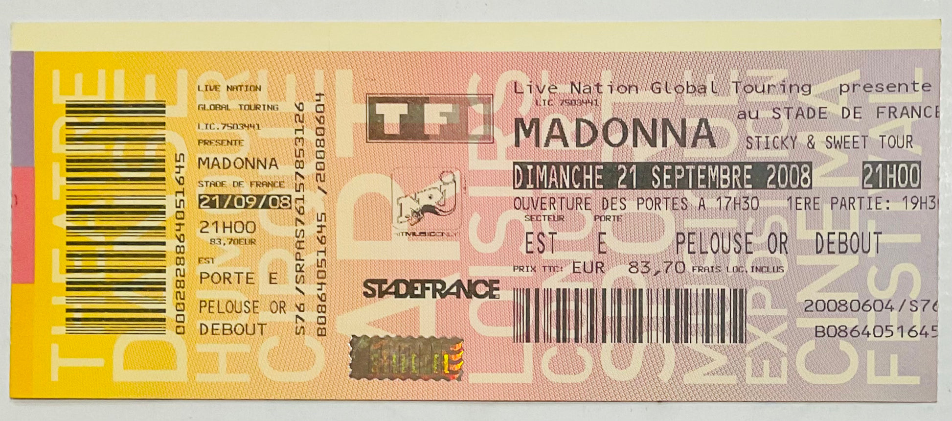 Madonna Original Unused Concert Ticket Stade de France Paris 21st Sep 2008