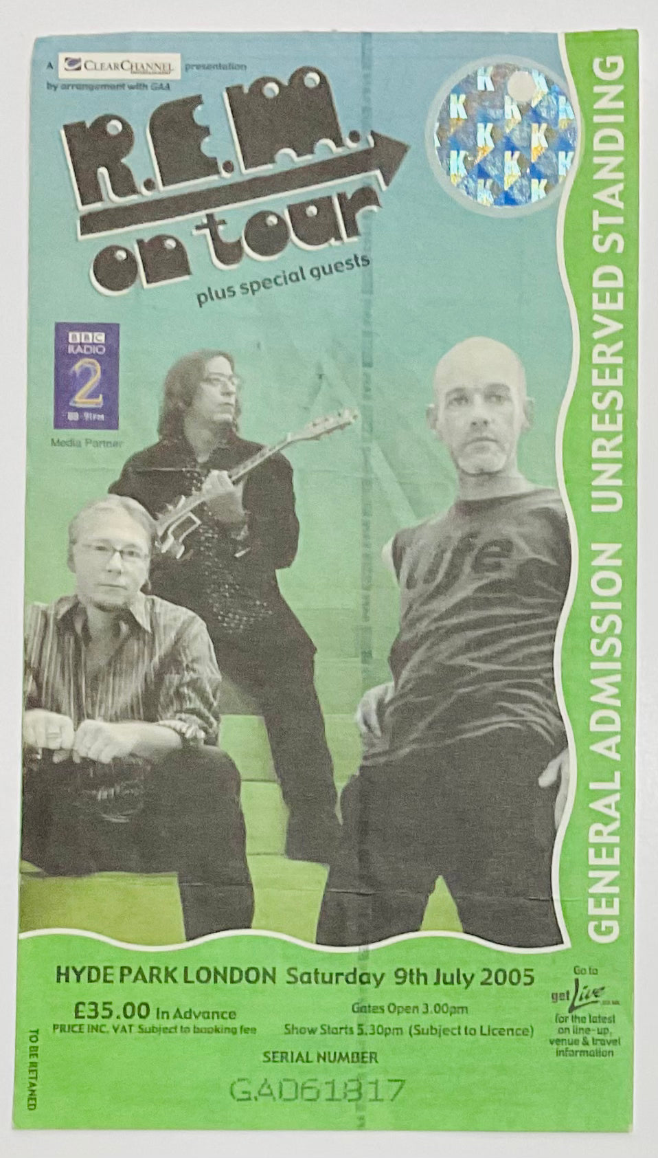 R.E.M. REM Original Used Concert Ticket Hyde Park London 9th July 2005