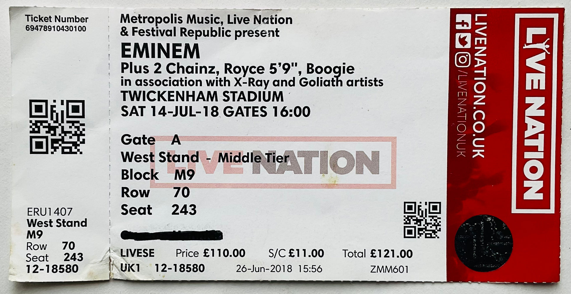Eminem Original Unused Concert Ticket Twickenham Stadium London 14th Jul 2018