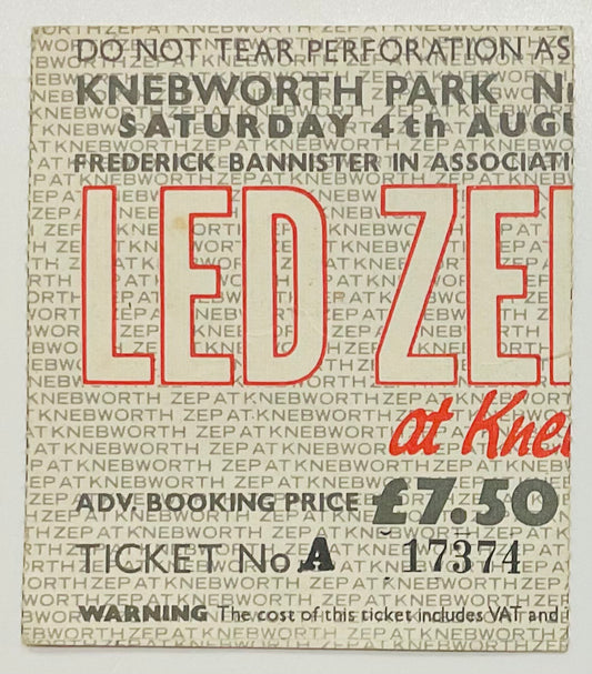 Led Zeppelin Original Used Concert Ticket Knebworth Park Stevenage 4th Aug 1979