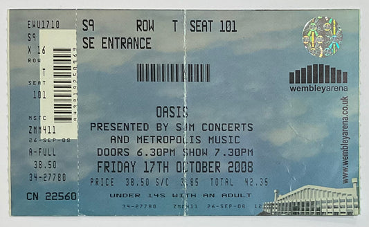 Oasis Original Unused Concert Ticket Wembley Arena London 17th Oct 2008