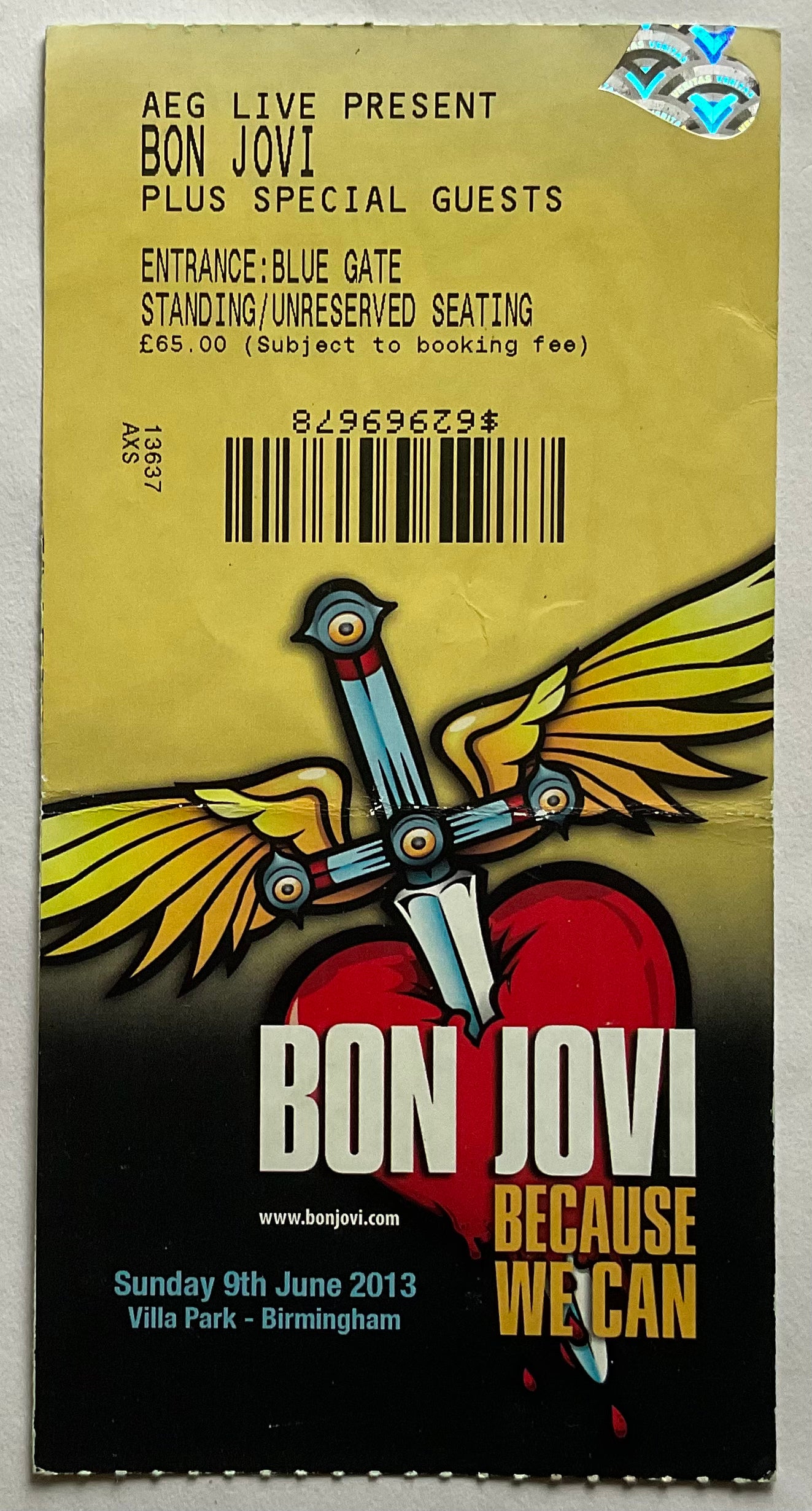 Bon Jovi Original Used Concert Ticket Villa Park Birmingham 9th June 2013