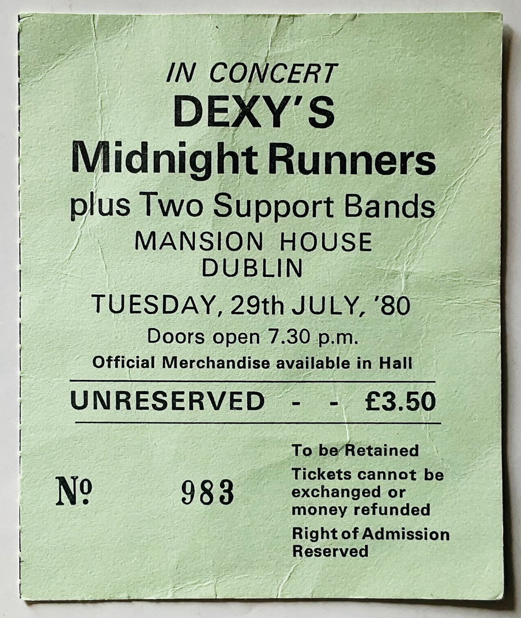 Dexys Midnight Runners Original Used Concert Ticket Mansion House Dublin 29th Jul 1980