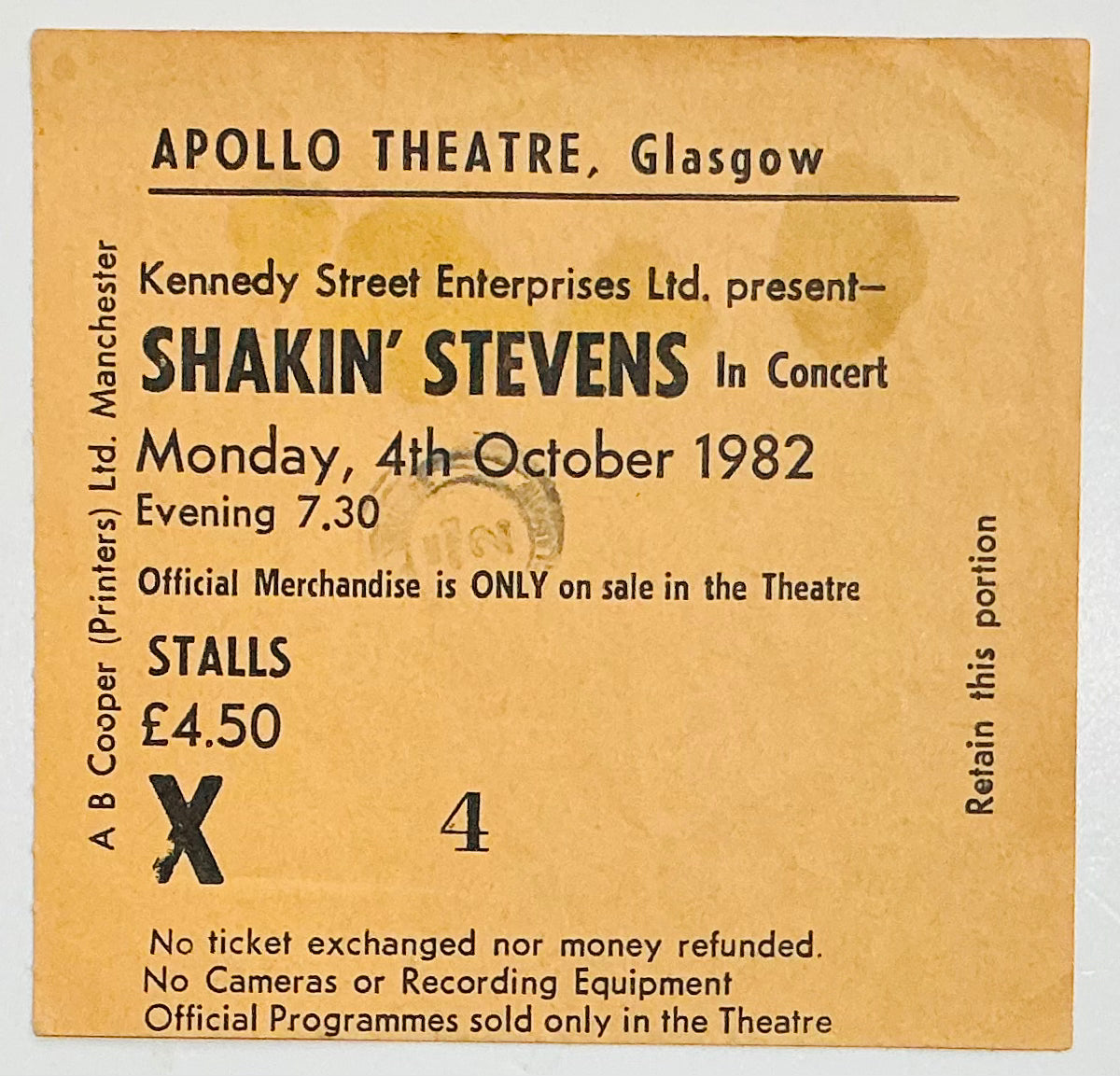 Shakin’ Stevens Original Used Concert Ticket Apollo Theatre Glasgow 4th Oct 1982