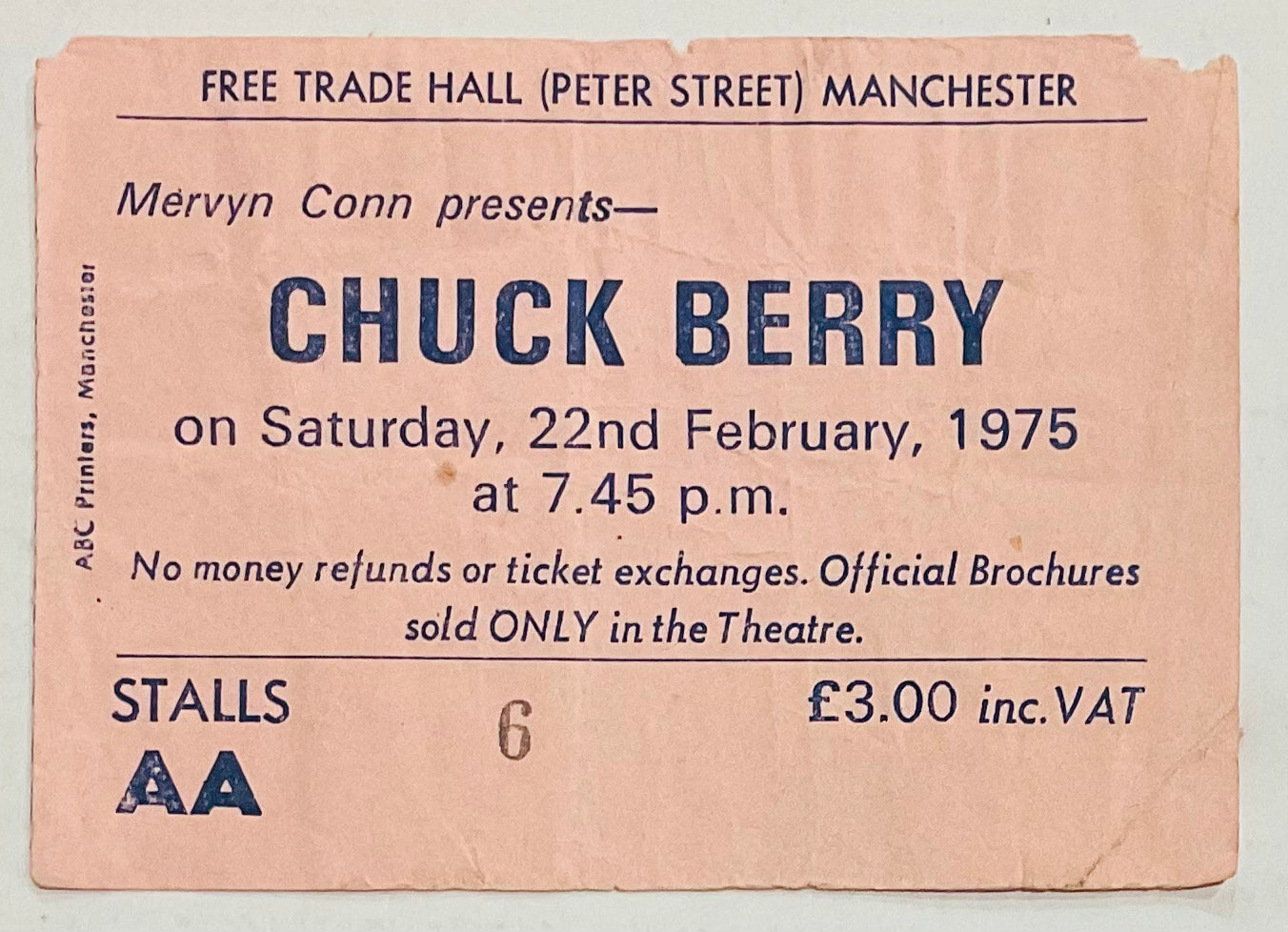 Chuck Berry Original Used Concert Ticket Free Trade Hall Manchester 22nd Feb 1975