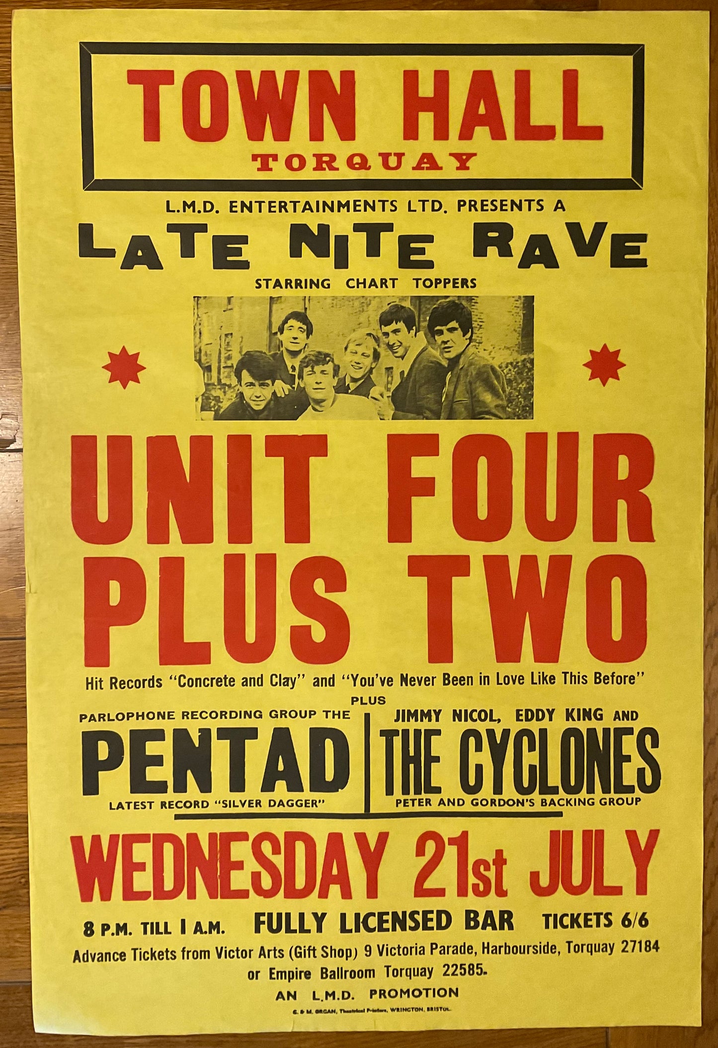 Unit Four Plus Two 4+2 Original Concert Gig Poster Town Hall Torquay 21st Jul 1965