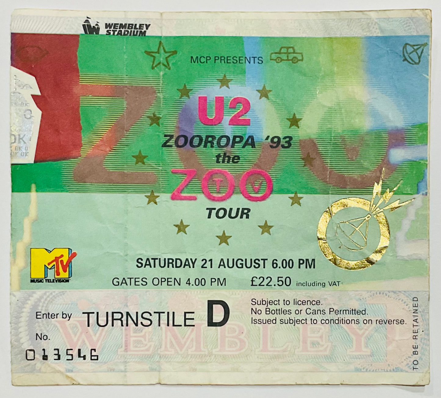 U2 Original Used Concert Ticket Wembley Stadium London 21st Aug 1993