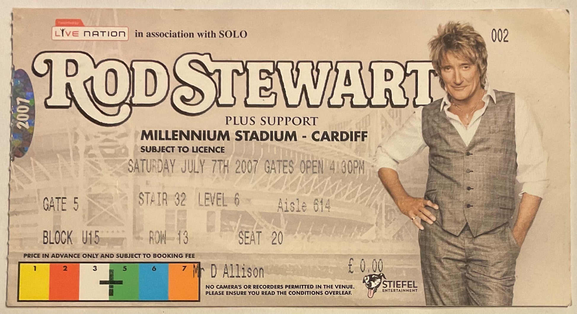 Rod Stewart Original Used Concert Ticket Millennium Stadium Cardiff 7th jul 2007