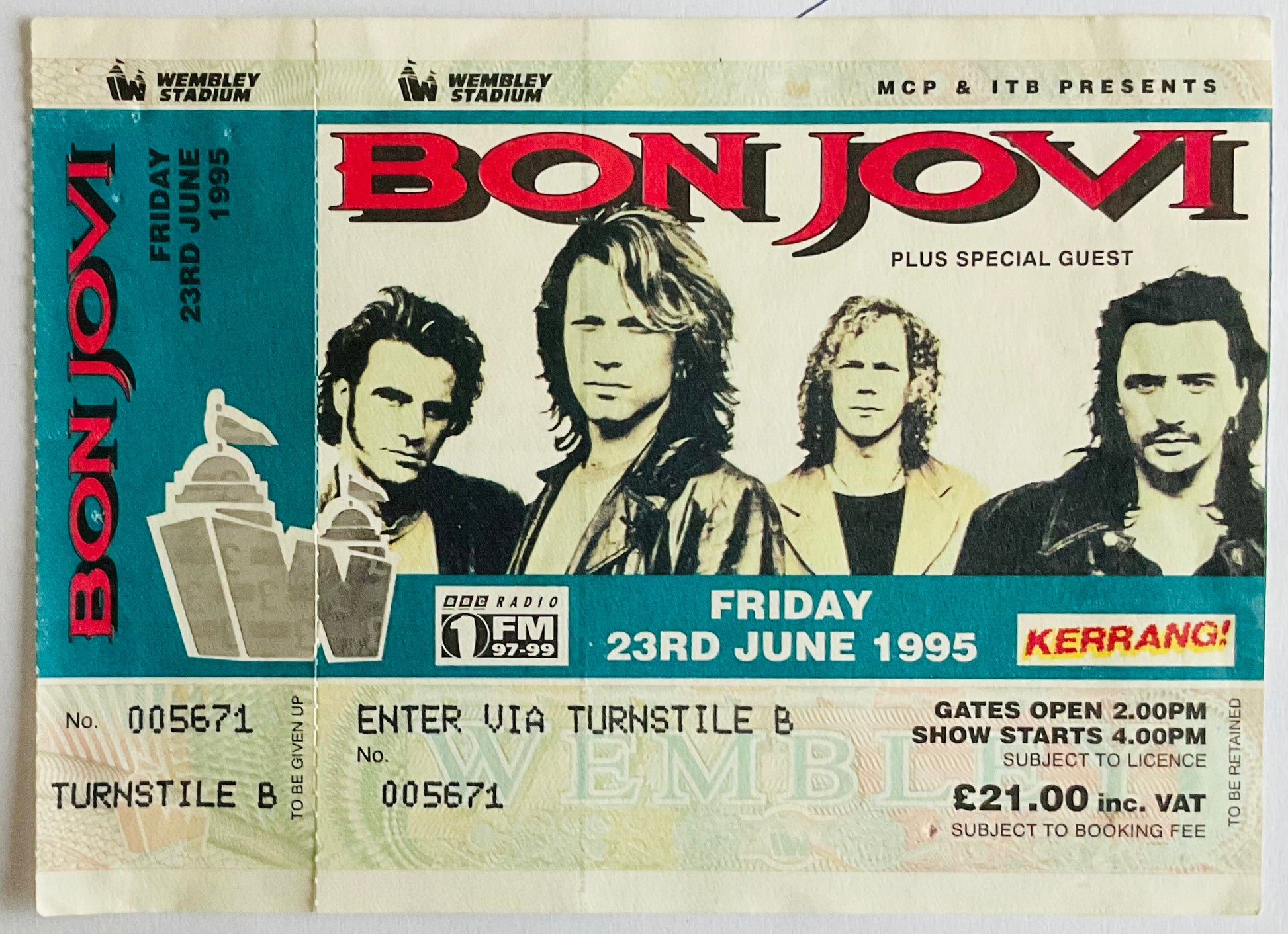 Bon Jovi Original Unused Concert Ticket Wembley Stadium London 23rd June 1995