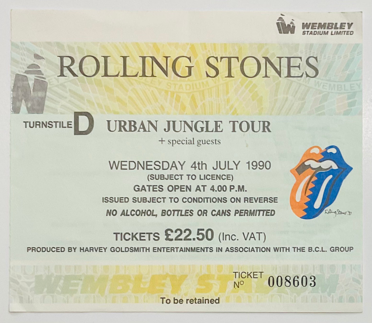 Rolling Stones Original Used Concert Ticket Wembley Stadium London 4th July 1990