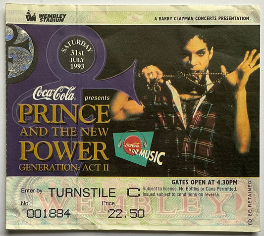 Prince Original Used Concert Ticket Wembley London 31st July 1993