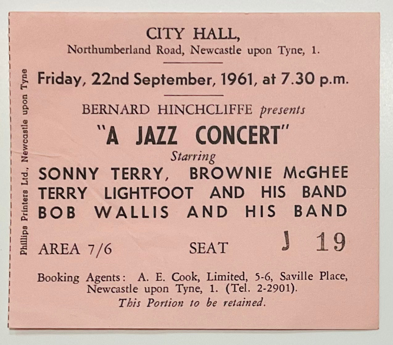 Sonny Terry Brownie McGhee Original Used Concert Ticket City Hall Newcastle 22nd Sep 1961