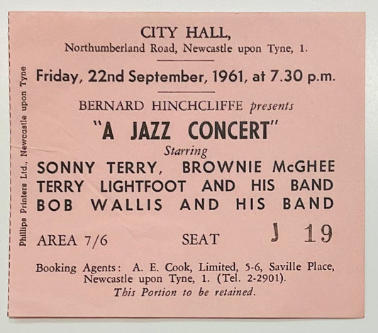 Sonny Terry Brownie McGhee Original Used Concert Ticket City Hall Newcastle 22nd Sep 1961