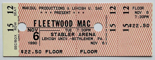 Fleetwood Mac Original Unused Concert Ticket Stabler Arena Bethlehem 6th Nov 1990