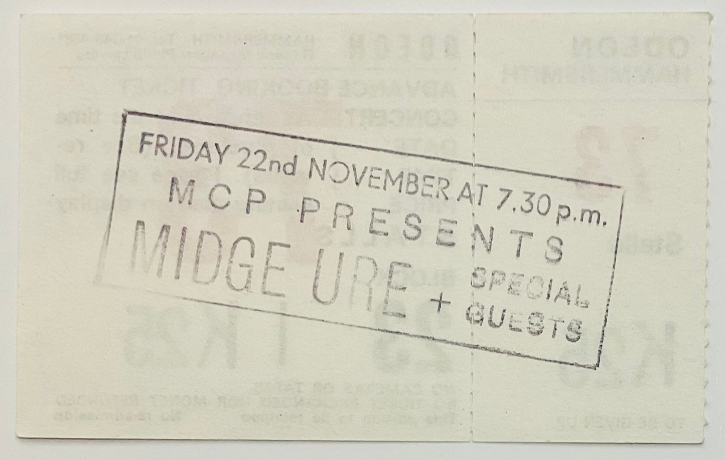 Ultravox Midge Ure Original Unused Concert Ticket Hammersmith Odeon London 22nd Nov 1985