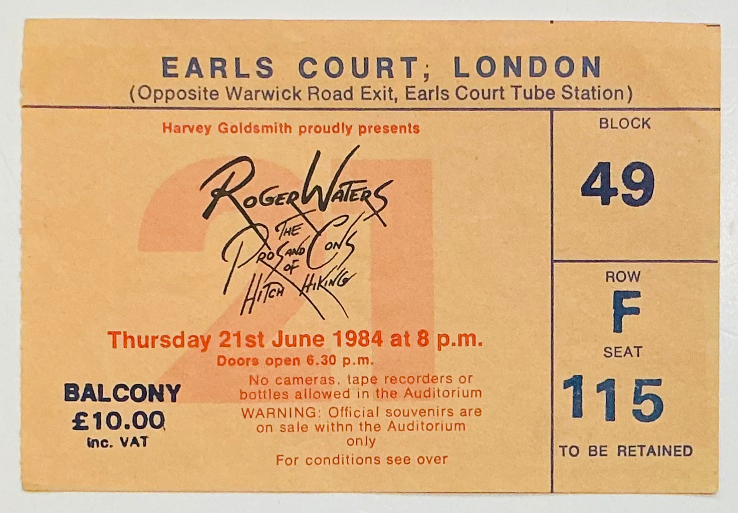 Roger Waters Eric Clapton Original Used Concert Ticket Earls Court London 21st June 1984