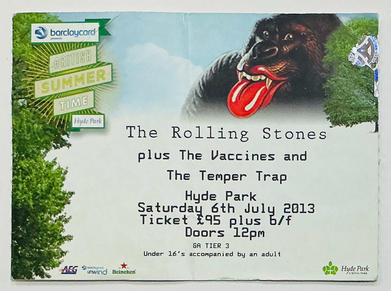 Rolling Stones Original Used Concert Ticket Hyde Park London 6th Jul 2013