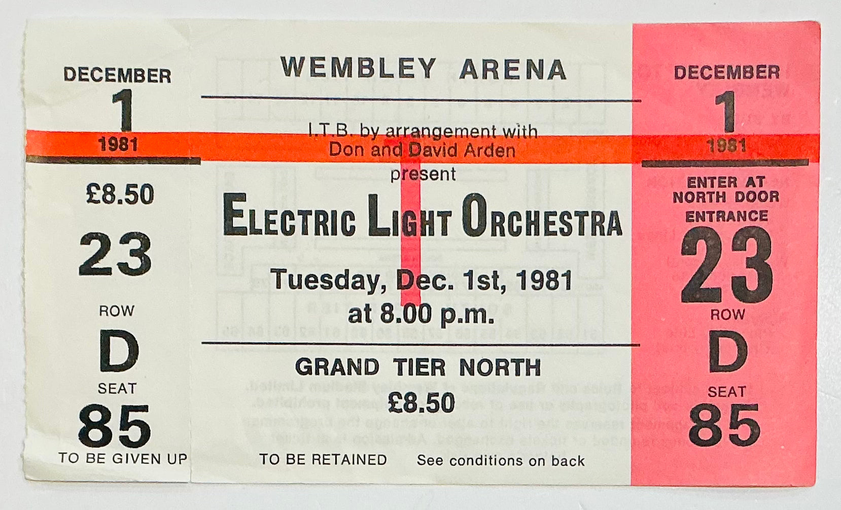 Electric Light Orchestra ELO Original Unused Concert Ticket Wembley Arena London 1st Dec 1981