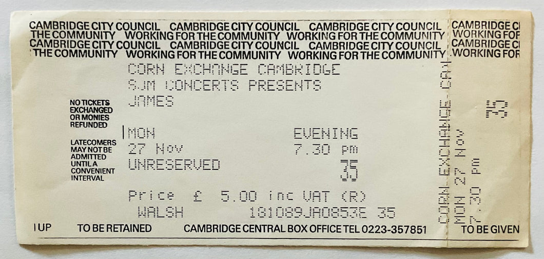 James Original Unused Concert Ticket Cambridge Corn Exchange 27th Nov 1989