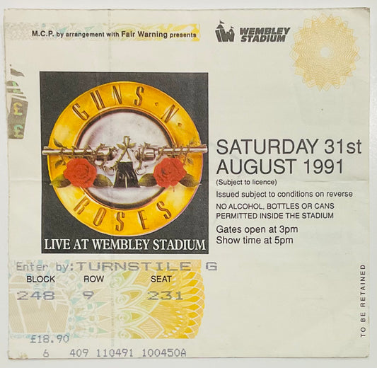 Guns N' Roses Original Used Concert Ticket Wembley Stadium London 31st Aug 1991