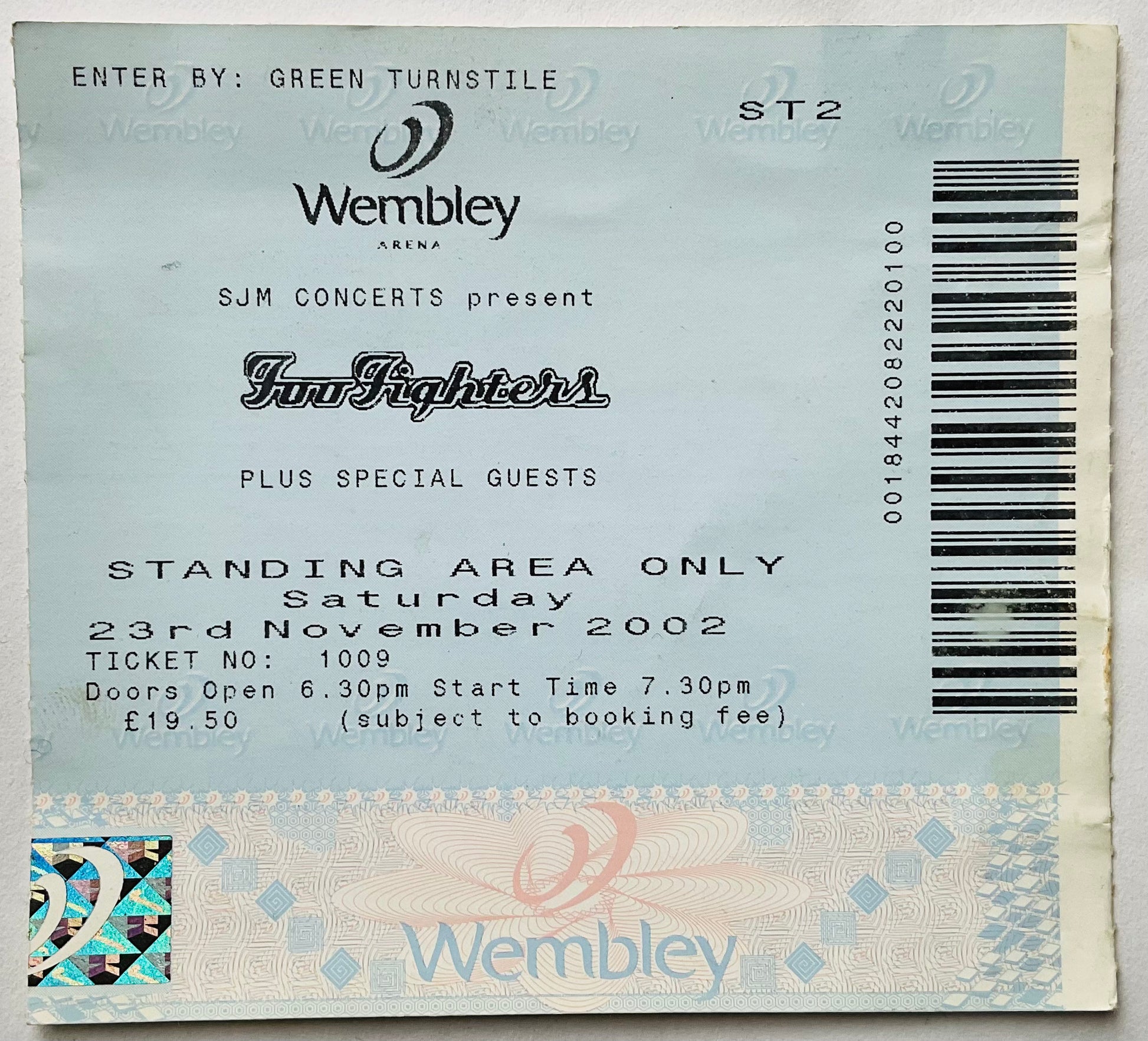 Foo Fighters Original Used Concert Ticket Wembley Arena London 23rd Nov 2002