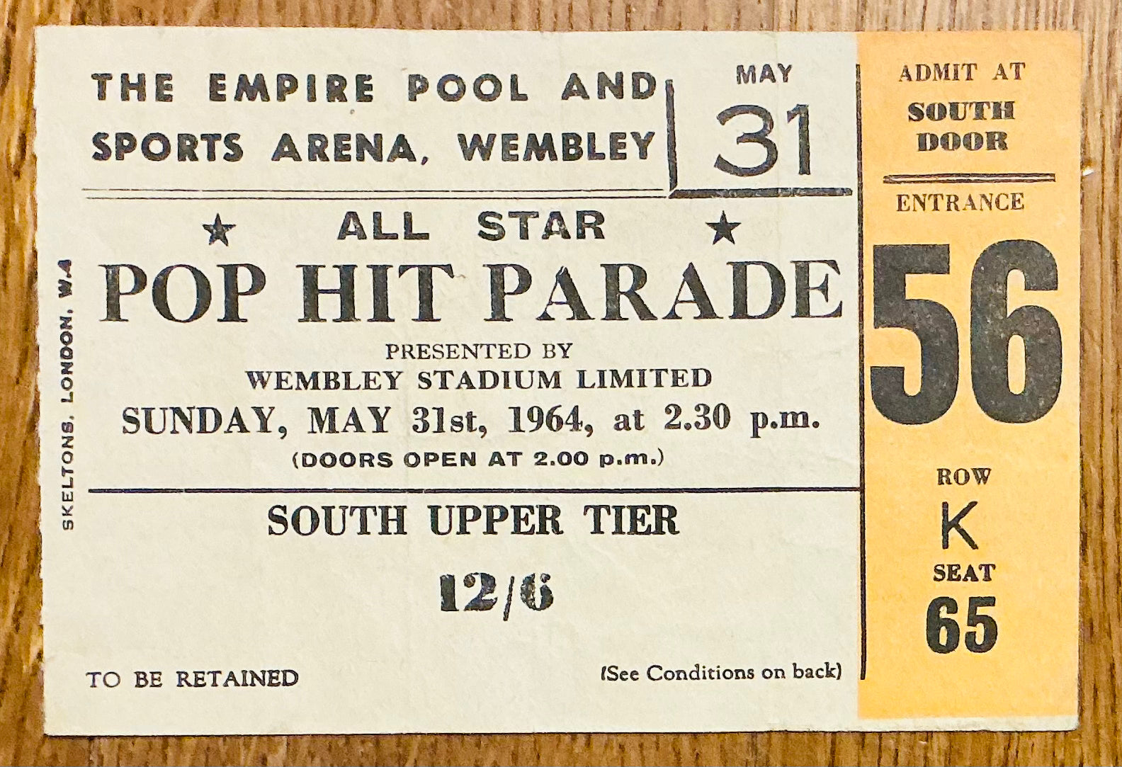 Rolling Stones Original Used Concert Ticket Empire Pool Wembley London 31st May 1964