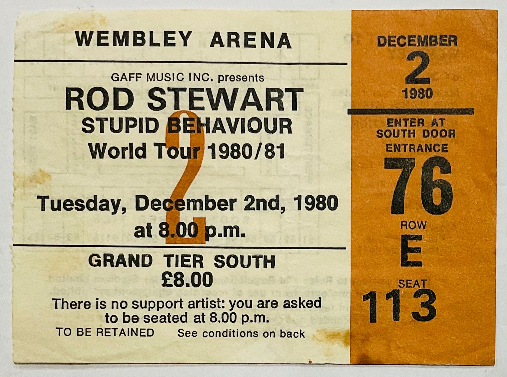 Rod Stewart Original Used Concert Ticket Wembley Arena London 2nd Dec 1980