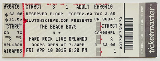 Beach Boys Original Used Concert Ticket Hard Rock Cafe Orlando 10th Apr 2015